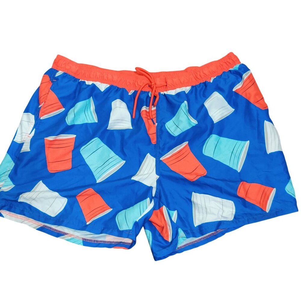 Celebrate! 3XL Pool Swim Trunks Blue Red Party Cups Patriotic Mesh Lined Shorts